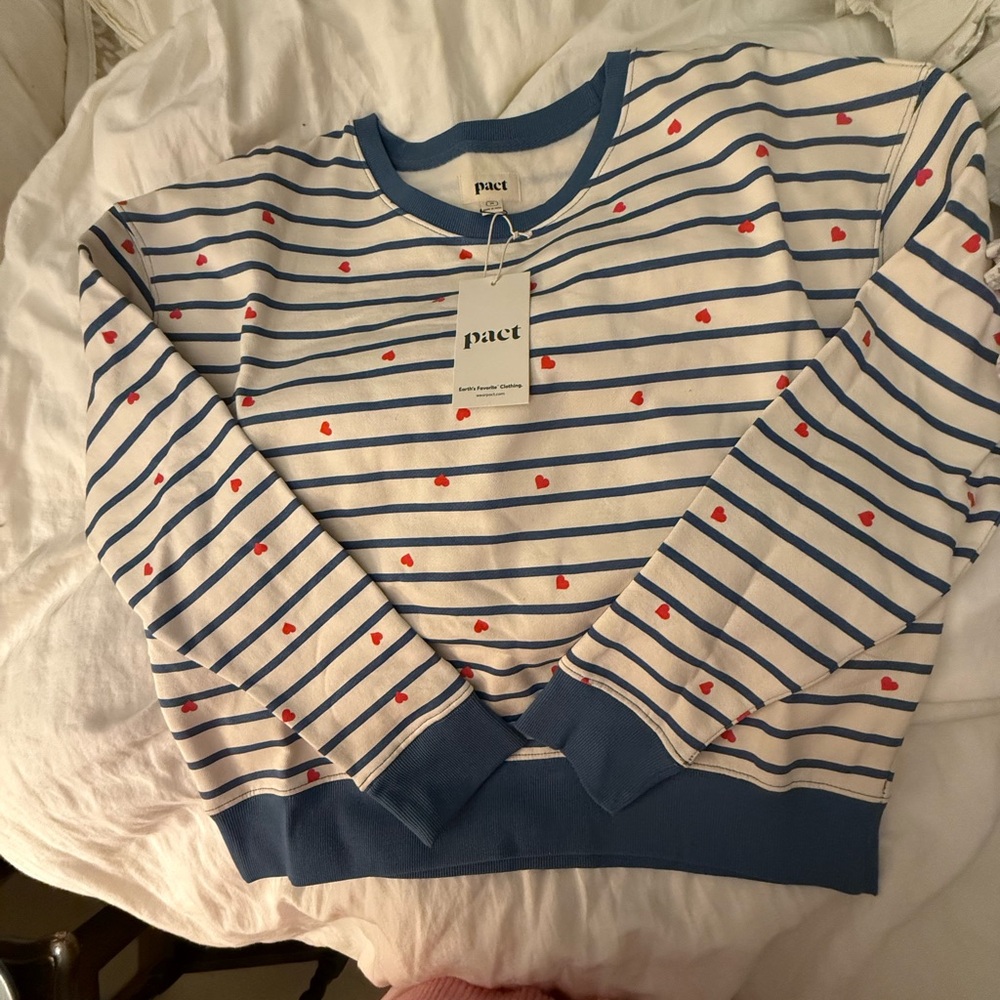 Pact Blue and White Relaxed Long Sleeve 💯 cotton fleece Top - Picture 3 of 5